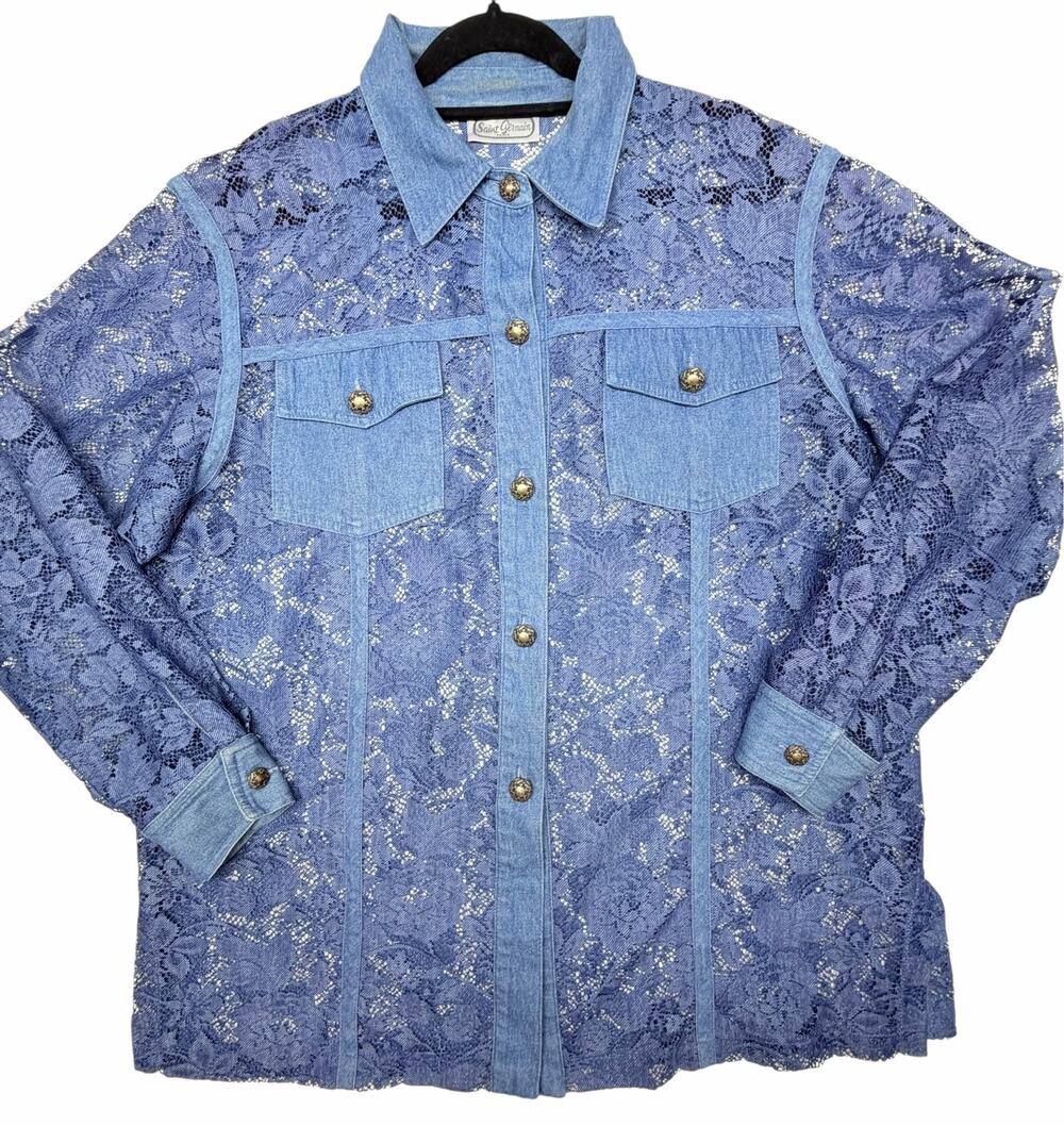 Vintage Saint Germain Paris Blue Lace Denim Shirt Jacket Western Cottagecore XL